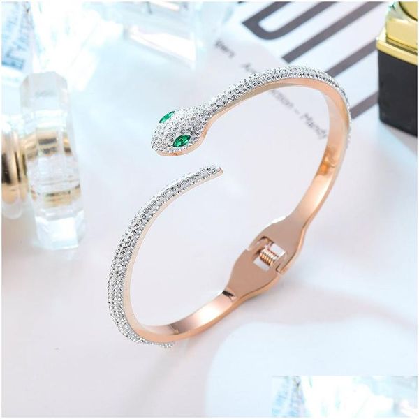 Bangle Fashion Snake Shaped Titanium Steel Womens Pseras Bracciali placcati oro rosa Zircone di cristallo Chiusura aperta Design Gioielli Regali F Dhirf