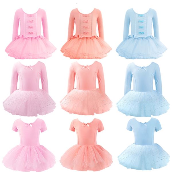 Dancewear Mädchen Ballett-Tanz-Tutu-Kleid für Kinder, hochwertig, mit kurzen/langen Ärmeln, Tüll, V-Rücken, Schleife, Gymnastikanzug, Tanzkleidung 230520