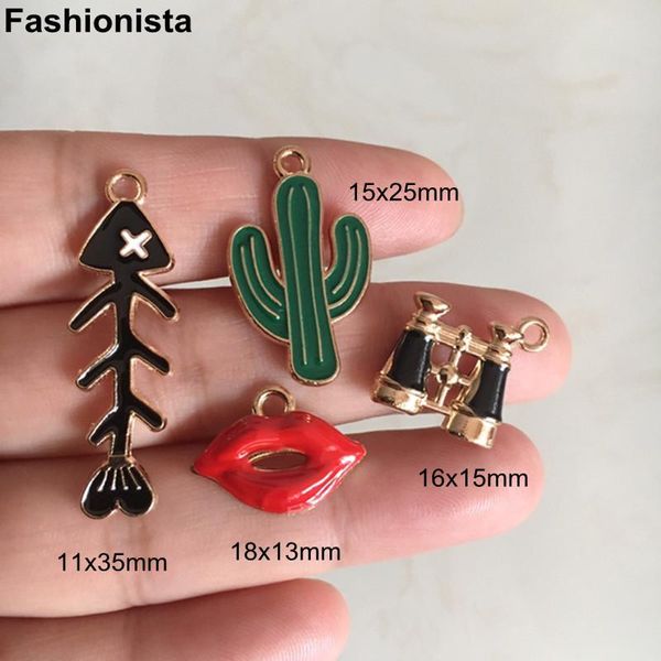 Outros 20 pcs bonito jóias encantos ossos de peixe telescópio boca lábio cactus encantos de metal colorido para brincos pingente pulseira chaveiros