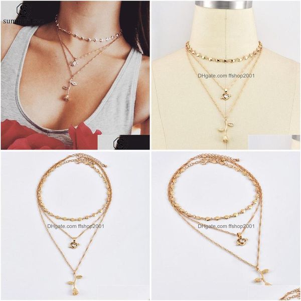 Подвесные ожерелья Peach Heart Cupid Love Rose Цветочный колье для женщин мода Mtilayer Set Set Jewelry Gif