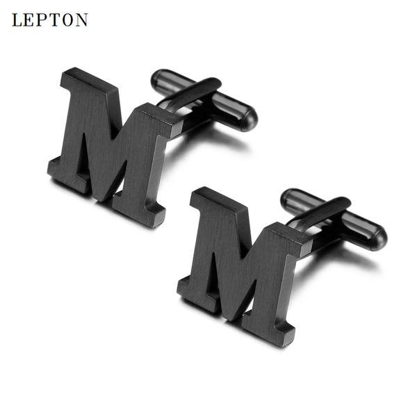 Lepton Edelstahl-Manschettenknöpfe für Herren, IP, schwarze Gun-Metal-Buchstaben, M-Manschettenknöpfe, Herren-Manschettenknöpfe für französische Hemden, Uhren, Gemelos