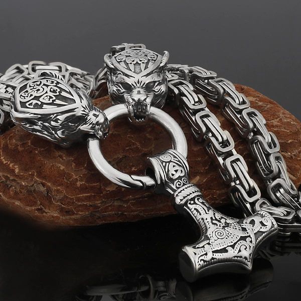 Halsketten Nordischer Bärenkopf Herren Halskette Retro Bärenkopf Rune Edelstahl Thors Hammer Anhänger Amulett Skandinavischer Schmuck Großhandel