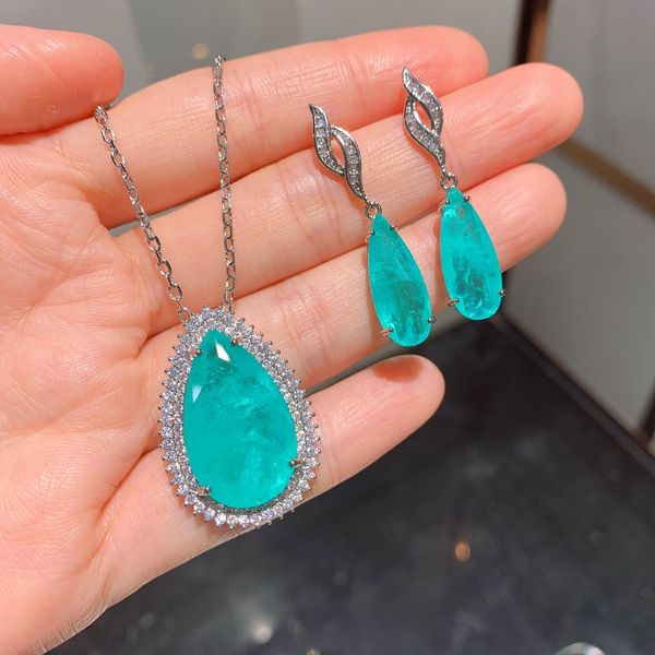 Sets Par Grün Paraiba Großen Wasser Tropfen 925 Silber Schmuck Weibliche Ohrringe Anhänger Set frauen Geschenke Paar Geschenke Charme edelstein Schmuck