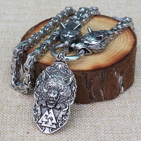 Halsketten Wikinger Männer Edelstahl Halskette Wikinger Wolfskopf mit nordischem Fenrir Wolf Mjolnir Anhänger nordischer Talisman ethnischer Schmuck