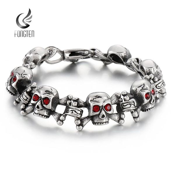 Pulseiras fongten punk skull bracelete masculina cor de prata masculina aço inoxidável shinestone link de ligação de ligação de ligação de encantamento