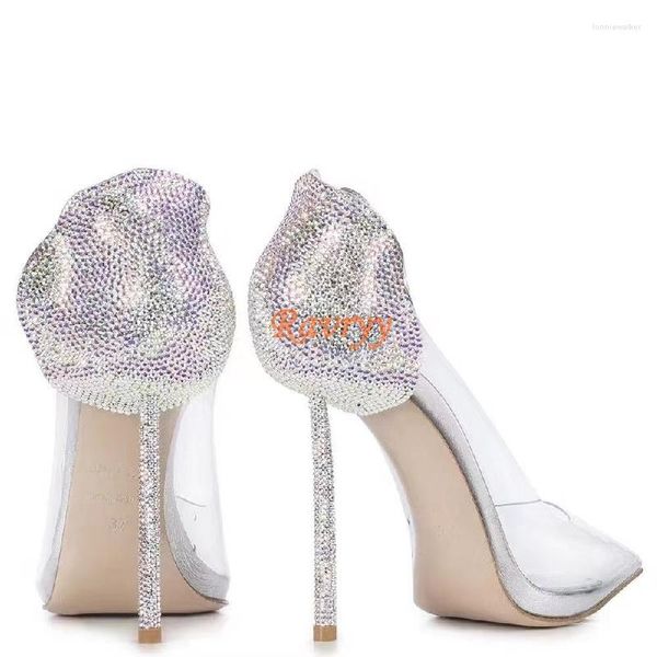 Sandali PVC Punta a punta Stiletto Diamond Back Bud Strass Sexy Tacchi alti Pelle di pecora piena Scarpe da sposa da donna di lusso nobile