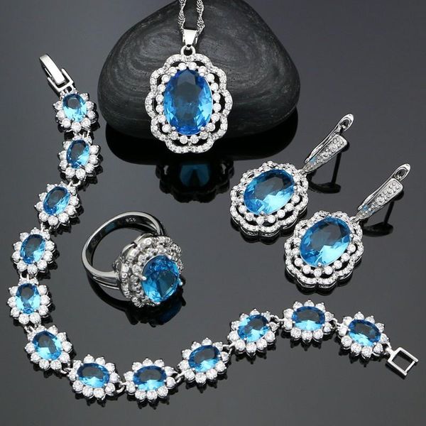 Conjuntos de jóias de prata 925 para mulheres céu azul zircônia cúbica brincos anel pulseira pingente colar conjunto para noiva jóias de prata