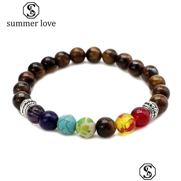 Pulseira clássica de contas 7 Chakra Bracelet Natural Lava Stone Tiger Eye 8mm para homens homens Moda Yoga Pray Jewelry Greet Drop Delivery Dhei4