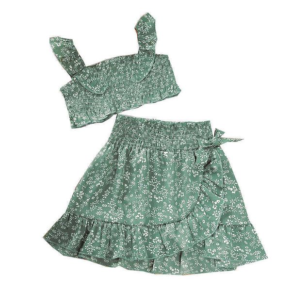 Esportazione dell'estate transfrontaliera in Europa America Bretelle floreali verdi per bambiniTop e gonna corta Set di due pezzi, abbigliamento per ragazze