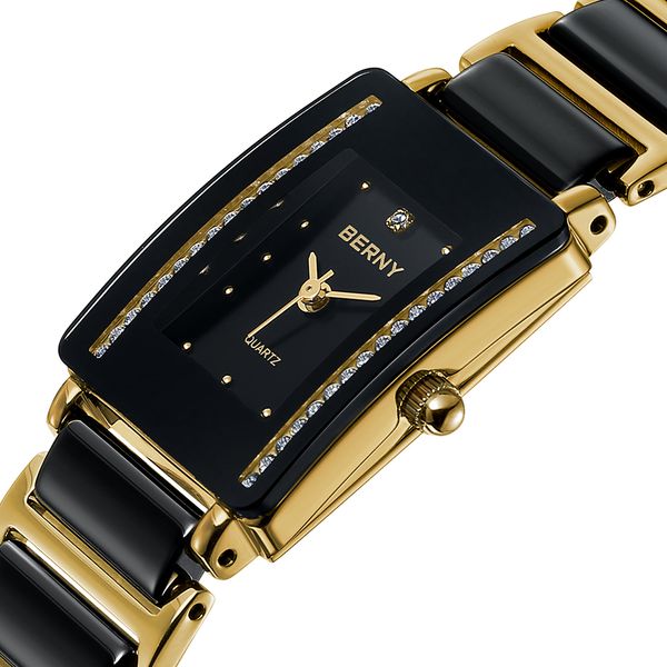Женские часы Quartz Movt Ceramic Women Watch для любовников модного прямоугольника мужские наручные часы браслет для бренда роскошной золотой пары 230519