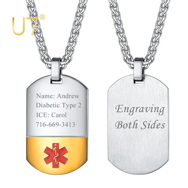 Collane U7 Collana con identificazione di avviso medico con incisione gratuita Collana con ciondolo con targhetta per cani in acciaio inossidabile