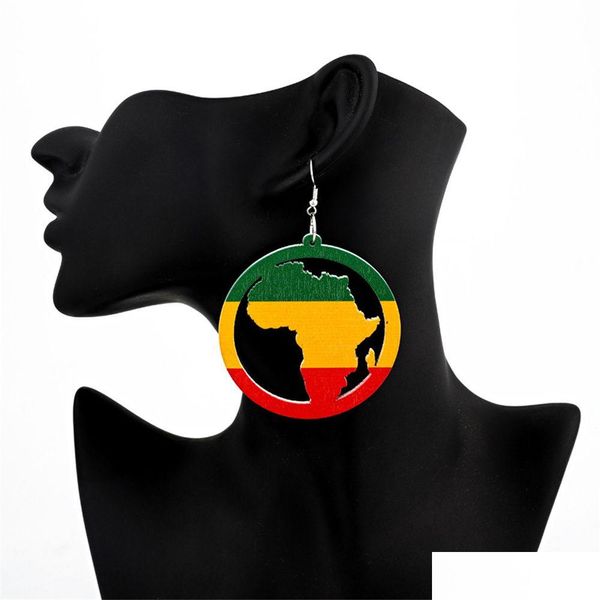 Baumeln Kronleuchter Europäische und amerikanische kreative Afrika-Karte Runde farbige Ohrringe Splitter Haken Retro Holz Tropfen einzigartiges Design Mode Dh1Kh