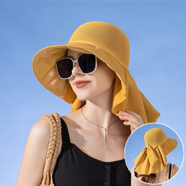 Geniş Memlu Şapkalar Kova Şapkaları Yaz Kadın Kova Şapkası Şallı Hafif Nefes Alabaş Yüz Boyun Koruma Güneş Şapkası Yay Pleat Tasarım Seyahat Plaj Kapağı 230519