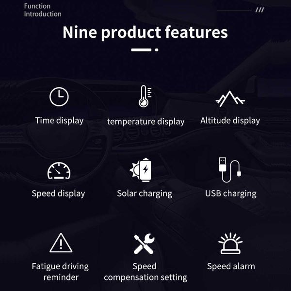 Compteur de vitesse Gps solaire sans fil pour voiture, affichage tête haute Mph Km/h, alarme de temps/vitesse/température/altitude, affichage Hud, horloge de voiture