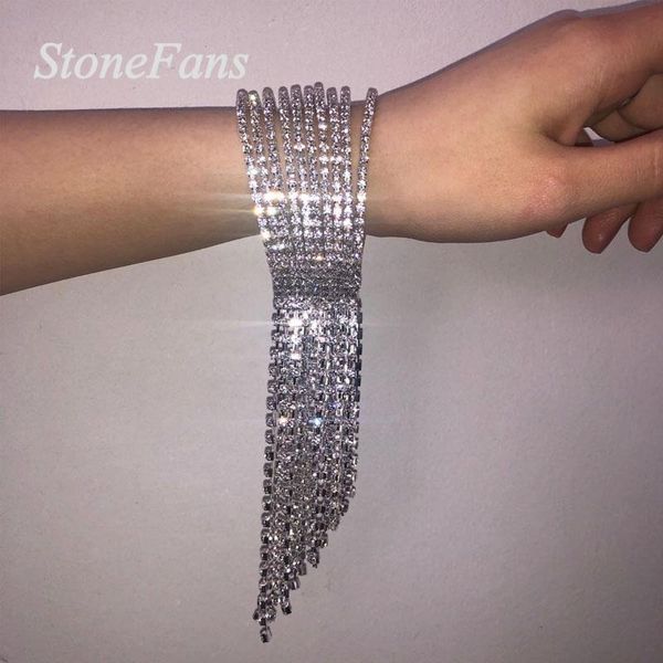 Bangle Stonefans Bling Charm Pulseira Strass Tassel Bangle para Mulheres 10 Linhas Declaração Open Cuff Bangle Chain Crystal Hand Jewelry