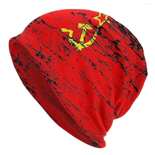 Baskenmützen Sowjetunion UDSSR Russland Flagge Skullies Mützen Kommunistische Sozialistische Hüte Mode Straße Männer Kappen Thermische Elastische Motorhaube Strickmütze