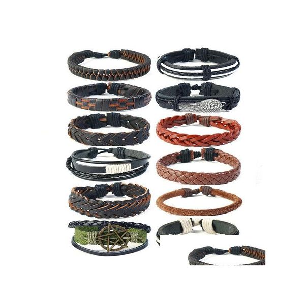 12 Teile/satz Retro Echtes Leder Armbänder Für Frauen Und Männer Handgemachte Diy Mtilayer Woven Set Charme Paar Schmuck Drop Dhzgk