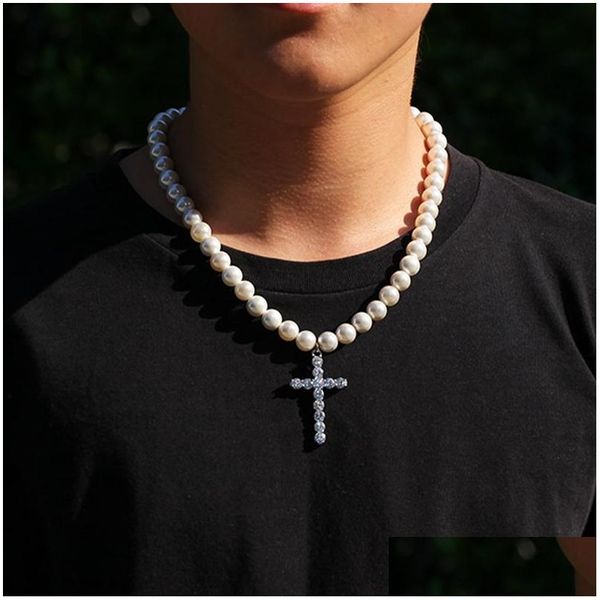 Perlenketten 8mm 10mm Mode Herren Perlenkette Neue Hip Hop Schmuck Iced Out Kreuz Anhänger Drop Lieferung Anhänger Dhxbq