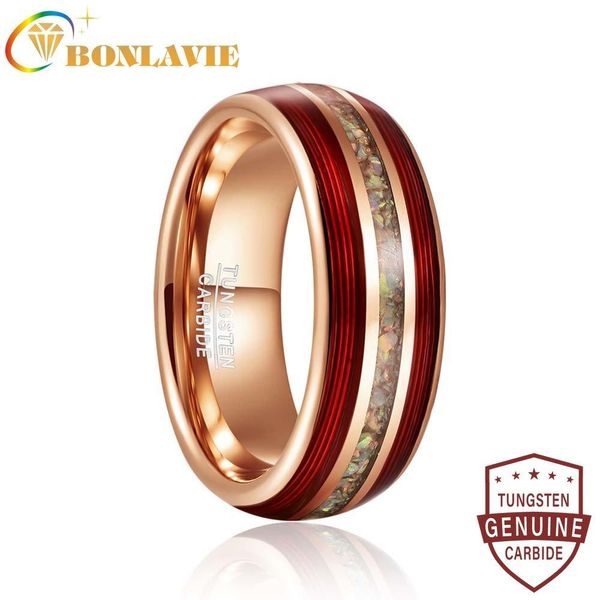 Anéis Bonlavie 8mm elétrico rosa cor de ouro incrustado corda de guitarra vermelha opala quebrada anel de aço de tungstênio anéis de casamento para homens tamanho 712
