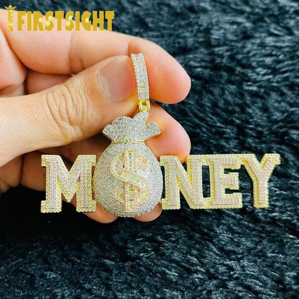 Collane Iced Out Bling Letters Collana con ciondolo soldi Collana in argento colore 5A Zircone Borsa per soldi Segno di dollaro Collane Gioielli da donna Hip Hop