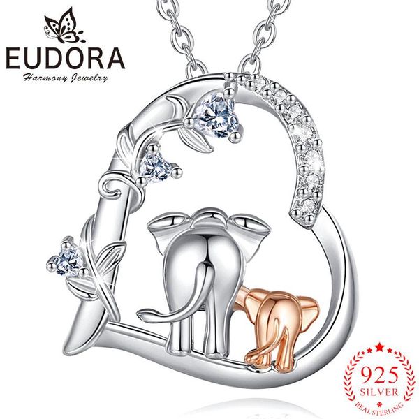 Halsketten Eudora 925 Sterling Silber Elefant Mutter und Sohn Halskette Herzform Kristall Lange Kette Modeschmuck Muttertagsgeschenk