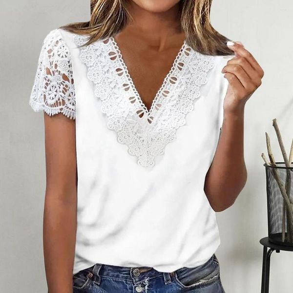 Women's Blouses Crochet Lace Stitching Short Sleeve Women T-shirt Thin Elastic Summer Floral Print Casual Tee Tops Daily Clothing