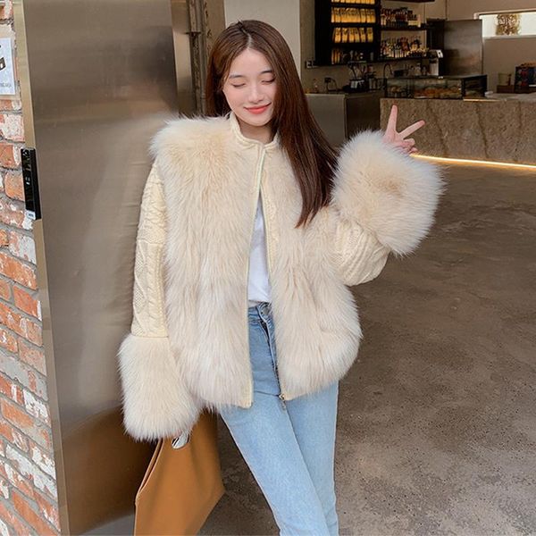 Mulheres femininas de peles de verdade tricho de grande tamanho Logo Spring Lady's Fashion Sweater Zipper Stand Collar Jacket Coat