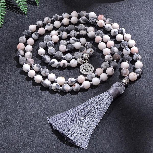 Halsketten 8 mm mattierter rosa Zebra-Jaspis mit Perlen geknotete Halskette Meditation Yoga Segen Damen-Schmuckset 108 Japamala-Rosenkranz-Lotus-Charm