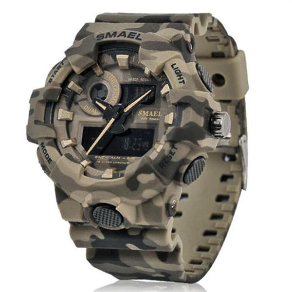 Новые камуфляжные часы Smael Watch Men Sports Led Quartz Clock Men Sport Brстопишные часы 8001 Mens Army Waterproof3046