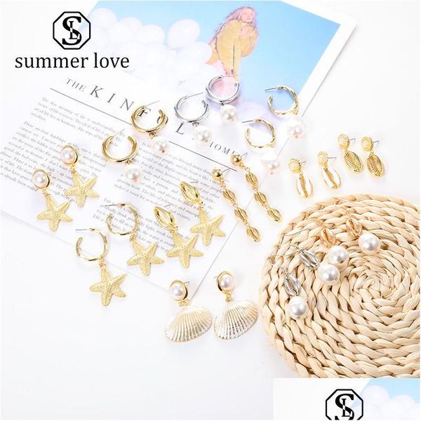 Ciondola il lampadario Summer Beach Starfish Shell Orecchini pendenti per le donne Bohemian Large Circle Lega d'oro Gioielli di perle Consegna Ebreo Dhohb