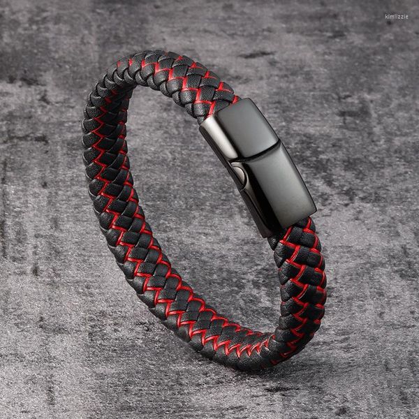 Charme Armbänder Tehao Mode Blau/Rot Leder Armband Edelstahl Magnetische Schnalle Gewebte Armreifen männer Punk Geschenk Großhandel