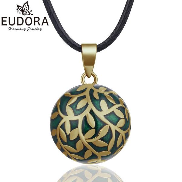 Halsketten EUDORA Grüne Blätter Anhänger Halskette Bronze Glockenspiel Bola für Frauen Modeschmuck Geschenk Vintage Harmonie Mexikanische Schwangerschaftskugel