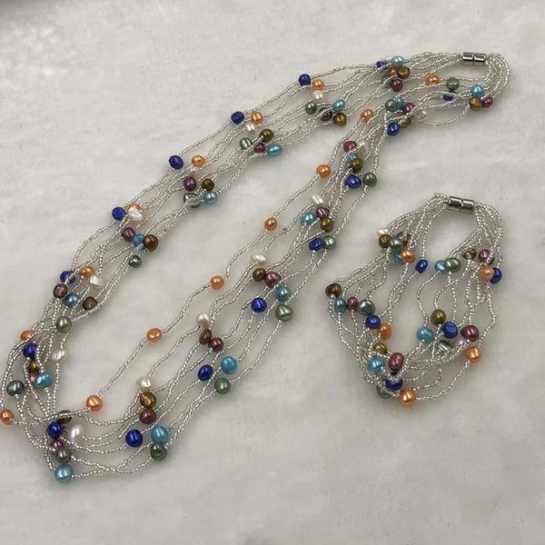 Halskette Ohrringe Set ELEISPL JEWELRY 4 Sets mehrfarbige echte Perlenarmbänder 5 mm 7strds Stil Handarbeit Magnetverschluss #498-22