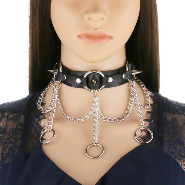Ketten Harajuku Punk Gothic Schwarz Leder Halsband Halskette Für Frauen Nieten Spike Lange Runde Anhänger Halsketten Collares SchmuckKetten