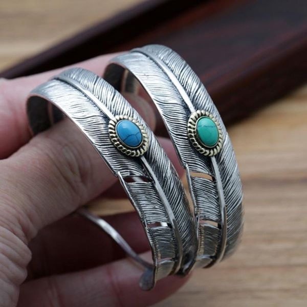 Bangles S925 Gümüş Takı Vintage Thai Gümüş Basit Tüy kakma turkuaz erkek