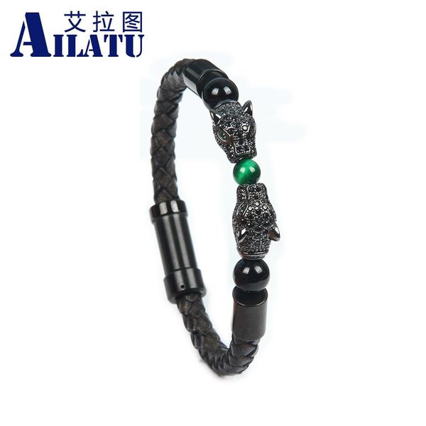 Bracciali Ailatu 10 pezzi Bracciali doppia pantera di lusso da uomo Chiusura in acciaio inossidabile Bracciale leopardo in pelle di vacchetta di alta qualità