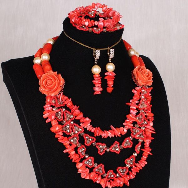 Brincos de colar Conjunto de miçangas de coral africanas Dudo com flores de miçangas de cristal para jóias de moda nigerianas de noiva 2023