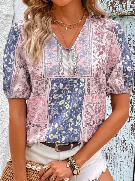 Kadın bluz gömlekleri etnik tarzı baskı pullover gömlek yaz vneck gündelik gevşek tshirt kadın vintage sshort kol rahat üst 230519