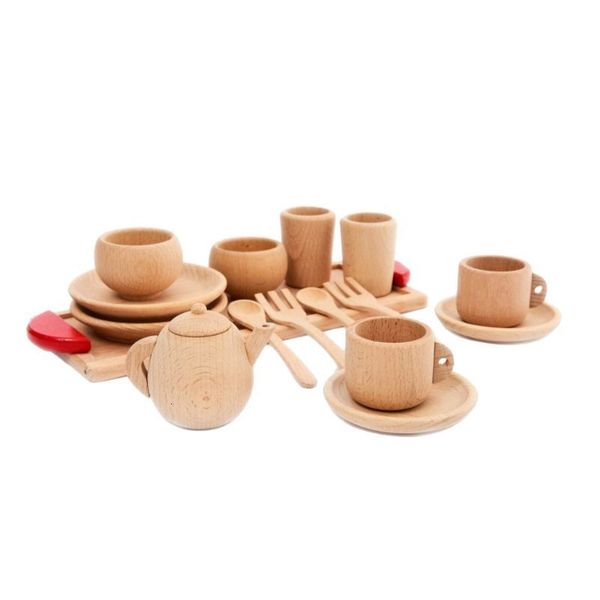 Cozinhas Jogue comida 1 conjunto de ferramentas de mesa de madeira de madeira com chá de chá xícara de chá de chá de chá de chá de brinquedo boneco em miniatura de cozinha de cozinha acessórios para crianças 230520