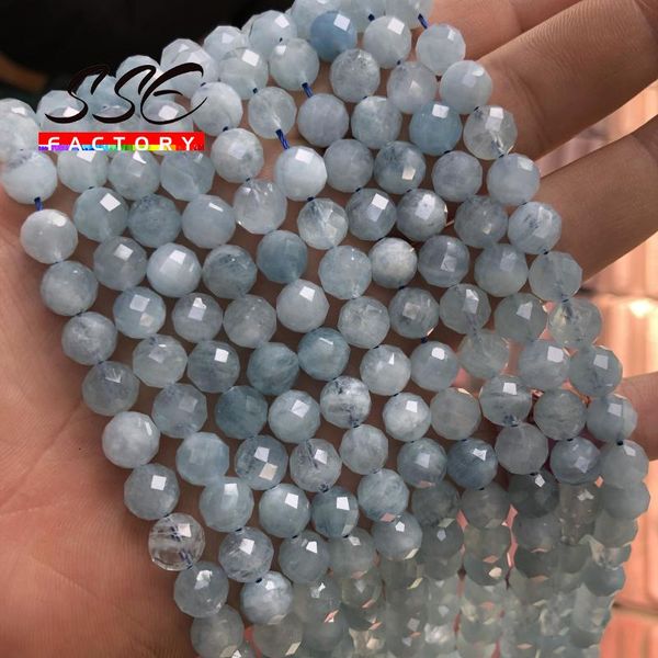Perle di pietra di cristallo naturale acquamarina blu Perline distanziatrici sfaccettate sfaccettate per gioielli Fai da te Accessori per braccialetti 6 8 10mm 15 