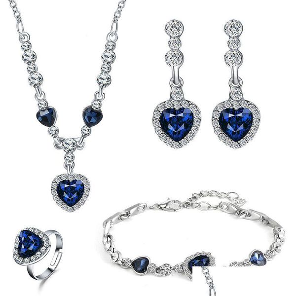 Braccialetto Orecchini Collana Moda Set di gioielli in cristallo di zaffiro per le donne Anello braccialetto cuore Set da sposa Colier De Dhtxf