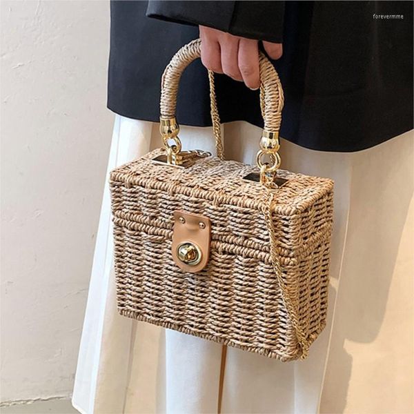 Borse da sera Designer Weave Square Box Borse per le donne 2023 Borsa a tracolla di paglia femminile alla moda Catene di marca di moda Borse da spiaggia