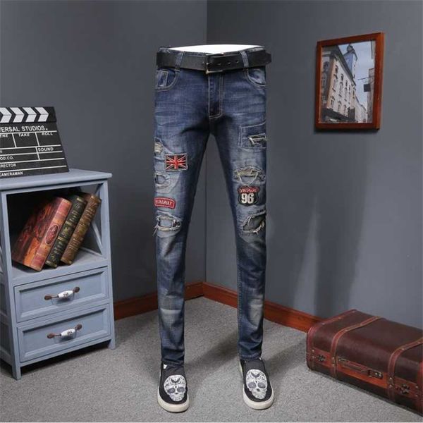 Jeans masculinos bordados buracos arranhados mendigos eram pés magros calças de moda de moda preto casual de deminmen de jeansmen