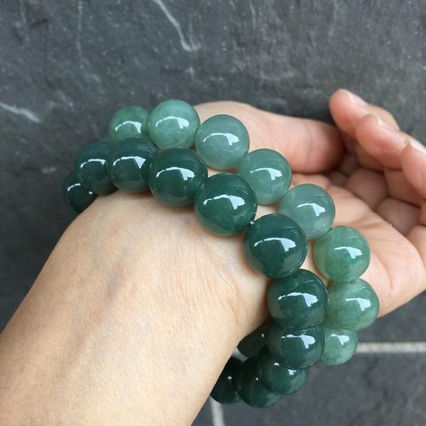 Pulseiras Natural Myanmar Verde Mão Esculpida Contas Redondas Pulseira Esmeralda Jadeite Jade Pulseiras Jóias Acessórios da Sorte Unissex