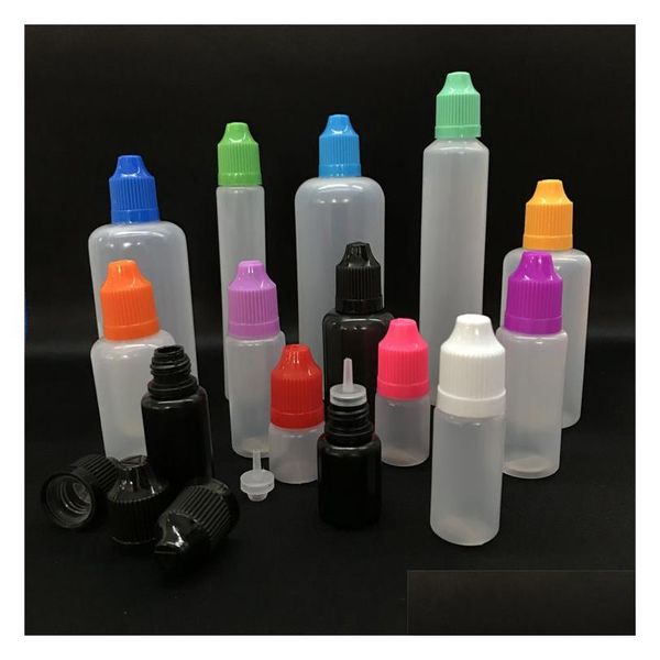 Bottiglie di imballaggio Colorf Pe Contagocce L 5Ml 10Ml 15Ml 20Ml 30Ml 50Ml Punte dell'ago con cappuccio colorato a prova di bambino Punta affilata Plastica Eliquid Dro Dh6Kn