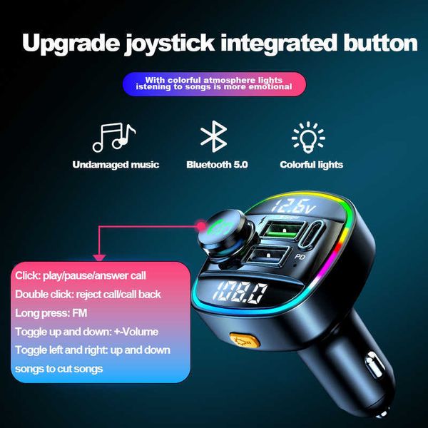 Carro bluetooth 5.0 duplo usb qc3.0 20w carregador de carro transmissor fm adaptador carregador rápido handsfree estéreo mp3 player luzes coloridas