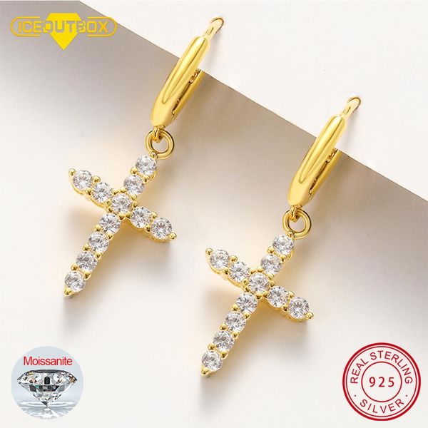 Stud S925 Religião de prata esterlina Mulheres Moissanite Cross Brincos requintados Jóias de festa fina Tester de diamante de passagem de alta qualidade