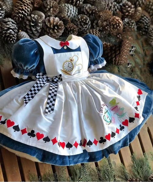 Vestidos de menina 0-12a bebê menina outono inverno veludo azul Alice Bordado Vintage Princess Ball vestido de bola para Natal Eid Aniversário Causal 230520