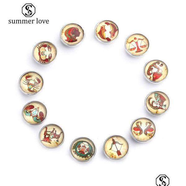 Charms Novo Moda Snap Button12 Zodiac Constelações Charme de vidro para pulseira de couro 18mm Padrão unqiue DIY Drop entrega Jewelr DHZ5D