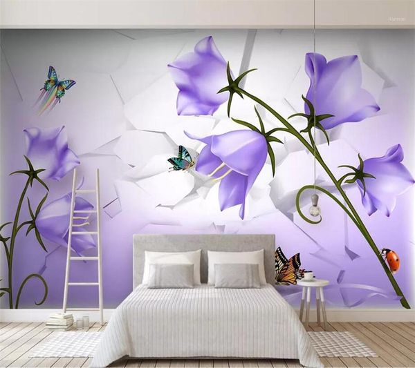 Sfondi Murale Papel De Parede Carta da parati personalizzata 3d Bellissimo fiore viola da sogno Farfalla TV Sfondo muro Papier Peint Behang1